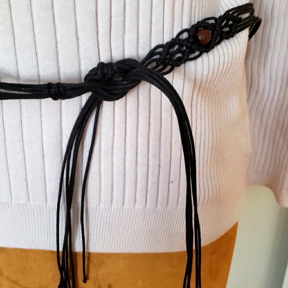 Leather braided belt with wood beads